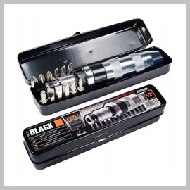 BLACK pneumatikus ütvecsavarhúzó készlet, cserélhető chrome-vanadium bittel és bitfejekkel, fém tárolóban – 28801