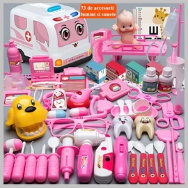 PROCART Orvosi készlet gyerekeknek, 73 darab, sztetoszkóp, injekció, mentőautó, fények, hangok 839-023-PINK