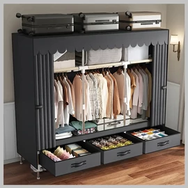 Szövet gardróbszekrény – 3 fiókos akasztós rekeszes ruhásszekrény 165 x 150 cm (T) EX377542