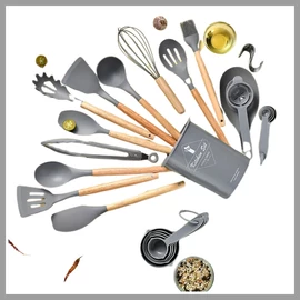 34 részes szilikon konyhai eszköz szett, fa fogantyúkkal, szürke 601099608995611