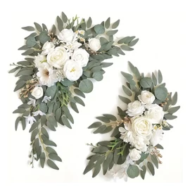 Selyemvirág dekoráció szett – 2 db fehér virágokkal, zöld levelekkel BV37768