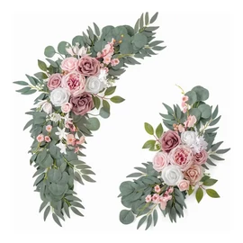 Selyemvirág dekoráció szett – 2 db, rózsaszín-fehér virágokkal, zöld levelekkel XW1496408