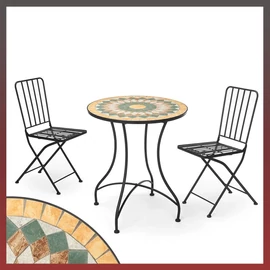 Okkersárga mozaik garnitúra asztal 2 kovácsolt székkel 10445