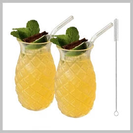 Ananászmintás trópusi pohár szett – 2 db, 480 ml, szívószállal és tisztítókefével EQ2732526 