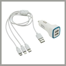 Dupla USB Autós Töltő + 3 az 1-ben Töltőkábel – Micro USB, USB-C, iPhone Kompatibilitás 07683