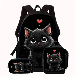 Black Cat 3 részes táska szett – Uniszex hátizsák, tolltartó és ebédtáska szett QJ2307434