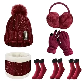 7 darabos téli kiegészítő szett – sapka, sál, kesztyű, fülvédő és meleg zoknik (bordó) YG6583554B