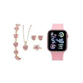6 db-os Luxus Ajándékszett – Rózsaszín Okosóra és Szív Ékszerkollekció QB4872383-R

