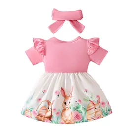 Ünnepi Nyuszi Mintás Fodros Ruha + Masnis Fejpánt Szett (80-86cm) WB672673-3