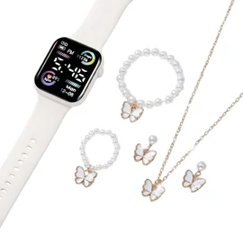 6 Részes Női Digitális Óra és Pillangós Ékszer Szett - Fehér/Arany HF6259183