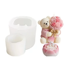 2 db-os 3D Szilikon Öntőforma Szett - Rózsás Maci és Rózsafej - Gyertya és Szappankészítéshez LU13051716