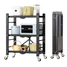 Háromszintes Összecsukható Konyhai Gurulós Polc - FeketeJR3860229-B