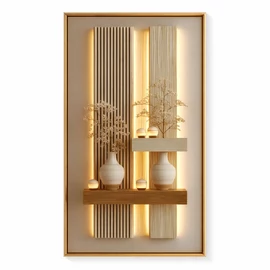 Modern dekoratív vászon falikép fa polc és váza motívummal 70 × 140 cm 62M3350582