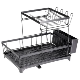 Kétszintes Fekete Fém Edényszárító Kifolyóval (49,5 x 30 x 34 cm) 229297