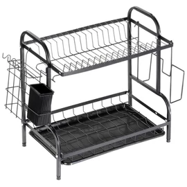 Kétszintes Fekete Fém Edényszárító Tálcával és Kiegészítőkkel (52 x 24,5 x 40 cm) 229301