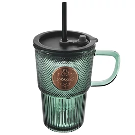 Orion VERDE üveg bögre tetővel és szívószállal 450 ml – zöld, praktikus és stílusos 124372