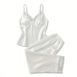 Hófehér Csipkés Pizsama Szett – Elegáns és Kényelmes Hálóruha JX406274-F