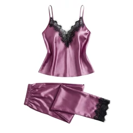 Püspöklila Kontrasztos Csipke Pizsama Szett – Csábító Otthoni Viselet JX406274-L