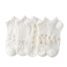 5 Páros Sweet és Cute Tüllzokni Szett – Fehér Csipkés Bokazokni LT00928