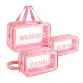 Utazó neszeszer készlet 3 db átlátszó rózsaszín 27819