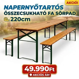 Napernyőtartós Összecsukható Fa Sörpad Garnitúra – 220 cm NPS220