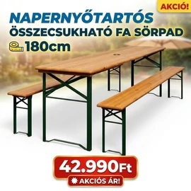 Napernyőtartós Összecsukható Fa Sörpad Garnitúra – 180 cm NPS180