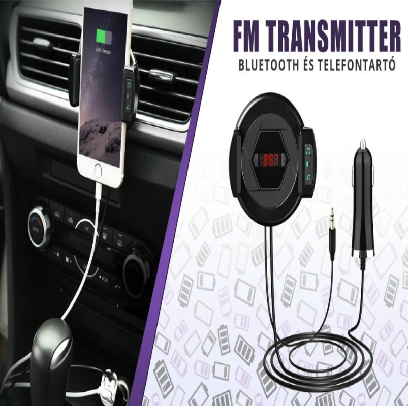 Autós FM transmitter bluetooth funkcióval telefontartóval